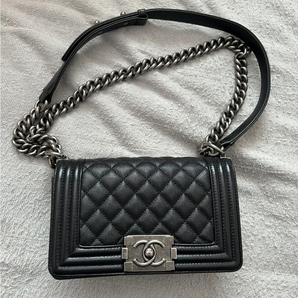 CHANEL Small Boy Bag Black Quilted Crossbody Bag with Silver Chain AUTHENTIC